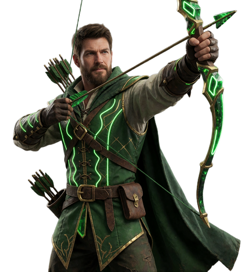 Robin Hood Maskottchen von WildRobin Casino mit gezogenem Bogen - Premium Abenteuer-Casino