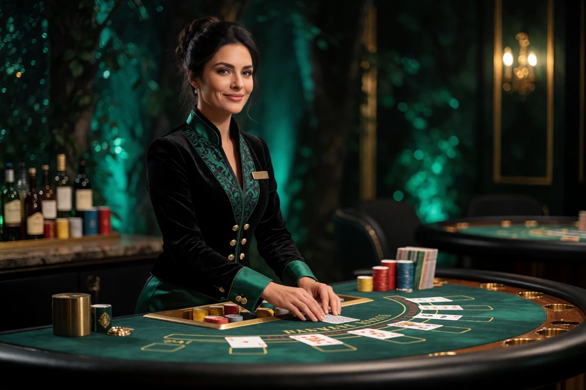 Elegante Live-Dealerin im smaragdgr&uuml;nen Outfit am Blackjack-Tisch im Wald-Casino-Studio - WildRobin Live Casino