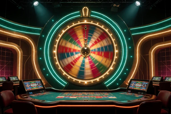 Live Game Show Studio mit gro&szlig;em Gl&uuml;cksrad und Neonlichtern - WildRobin Game Shows