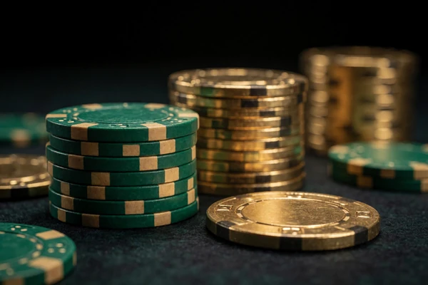 Poker-Chips in Smaragdgr&uuml;n und Gold gestapelt auf dunklem Filz - WildRobin Live Poker