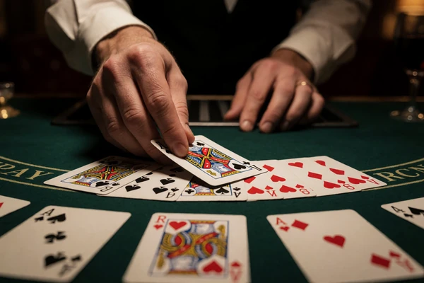 Blackjack-Karten auf gr&uuml;nem Spieltisch mit Dealer-H&auml;nden im Spotlicht - WildRobin Black Jack online