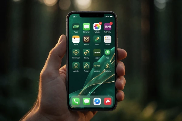 Smartphone mit E-Wallet-Apps vor verschwommenem Wald-Hintergrund - WildRobin Casino E-Wallet-Einzahlungen