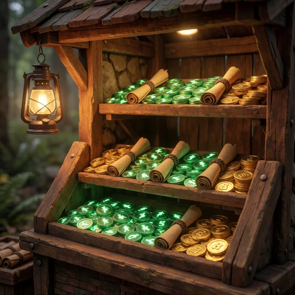 Wald-H&auml;ndlerstand mit leuchtenden Smaragd-M&uuml;nzen und goldenen Bonusschriftrollen - WildRobin Casino Bonus-Shop