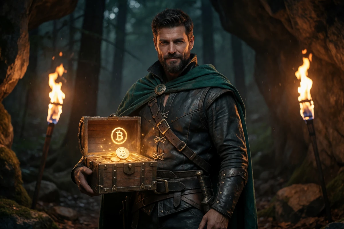 Rogue-Abenteurer mit goldener Schatztruhe und Krypto-Symbolen in dunkler Waldh&ouml;hle - WildRobin Casino Zahlungsmethoden