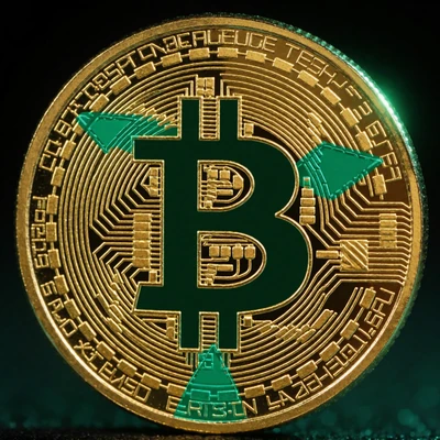 Goldene Bitcoin-M&uuml;nze mit eingraviertem Smaragd-Pfeil-Motiv - WildRobin Casino BTC-Zahlungen