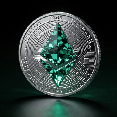 Silberne Ethereum-Diamant-M&uuml;nze mit Smaragd-Gl&uuml;hen - WildRobin Casino ETH-Zahlungen