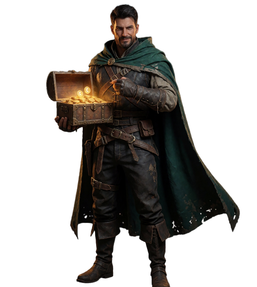 Robin Hood Abenteurer mit Schatztruhe und Krypto-Symbolen - WildRobin Casino Zahlungen
