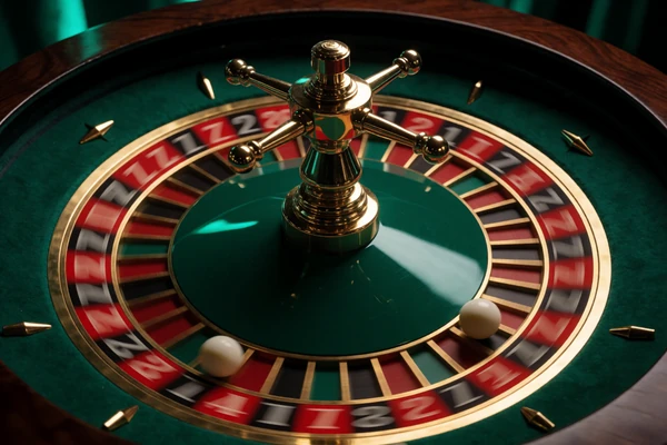 Live Roulette Rad in Smaragdgr&uuml;n und Gold im Dunkeln - WildRobin Live Casino Roulette