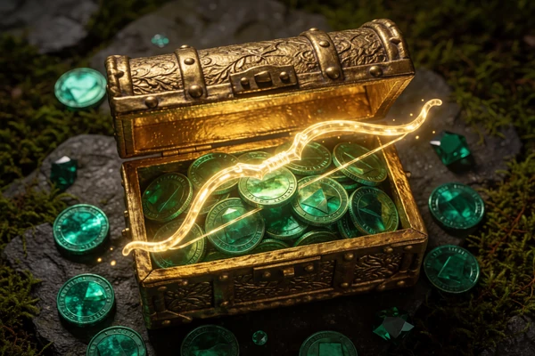 Goldene Schatztruhe mit Smaragd-M&uuml;nzen und Bogen auf moosigem Stein - WildRobin 100% Deposit-Bonus