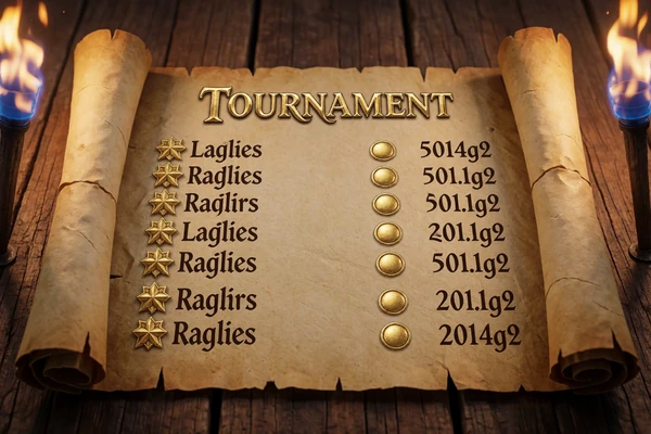 Turnier-Ranglisten-Pergament mit goldenen Platzierungen - monatliche Turniere bei WildRobin Casino