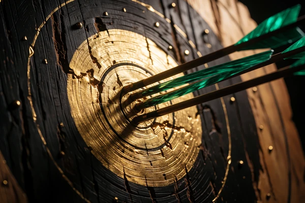 Goldenes Zielscheiben-Bullseye mit Smaragd-Pfeilen - w&ouml;chentliche Challenges bei WildRobin Casino