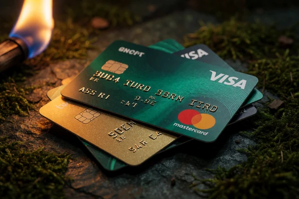 Visa und Mastercard Kreditkarten auf moosbedecktem Stein im Fackellicht - WildRobin Casino Kreditkarten-Einzahlungen