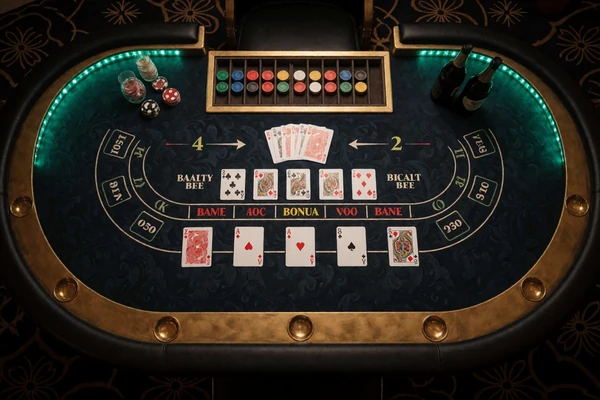 Baccarat-Tisch mit Karten und Dragon-Bonus-Einsatzlayout im dunklen Luxus-Setting - WildRobin Live Baccarat