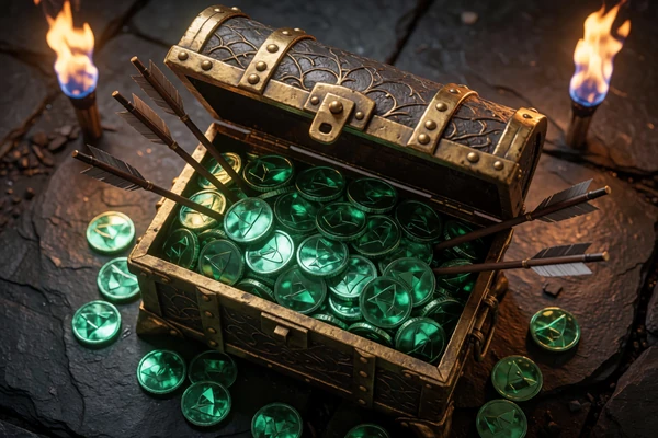 Goldene Schatztruhe mit Smaragd-M&uuml;nzen und Pfeilen - WildRobin Willkommensbonus