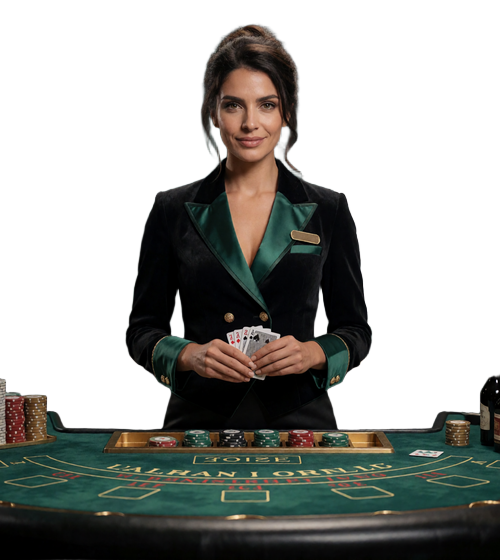 Live-Dealerin im smaragdgr&uuml;nen Casino-Outfit mit Spielkarten - WildRobin Live Casino Maskottchen