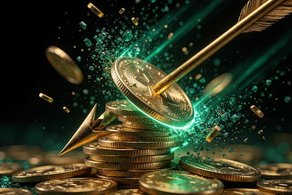 Goldener Pfeil durchbricht M&uuml;nzstapel mit Smaragd-Partikeln - WildRobin Casino Auszahlungslimits